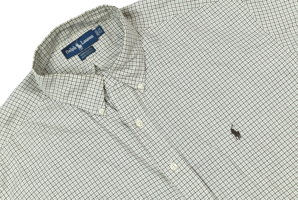 Ralph Lauren YARMOUTH Shirt Mens 17.5 Ivory Brown Plaid Long Sleeve Button-Down